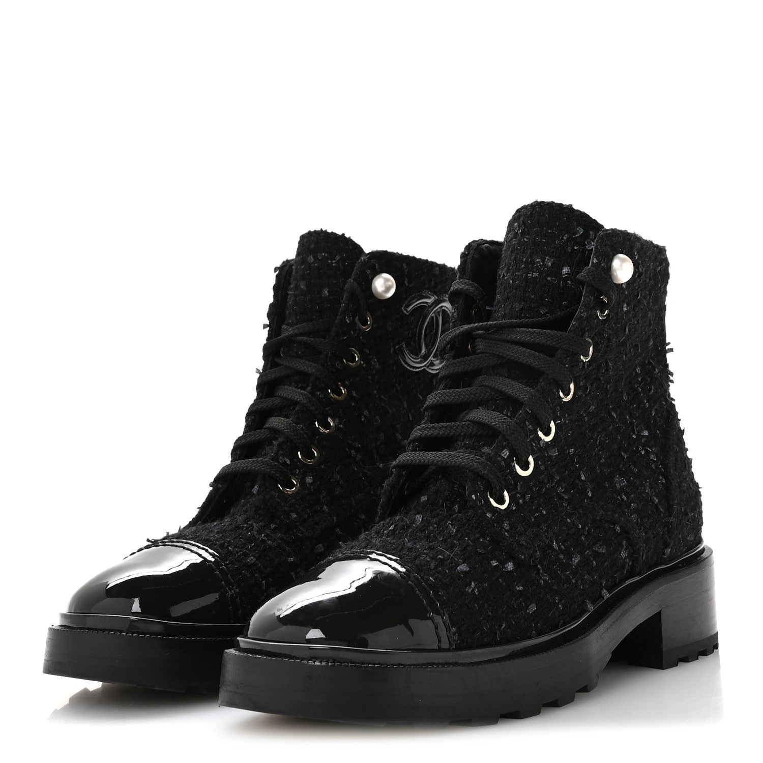 Chanel Tweed Patent Calfskin Pearl Combat Short Boots 37  Black Grey Blue
