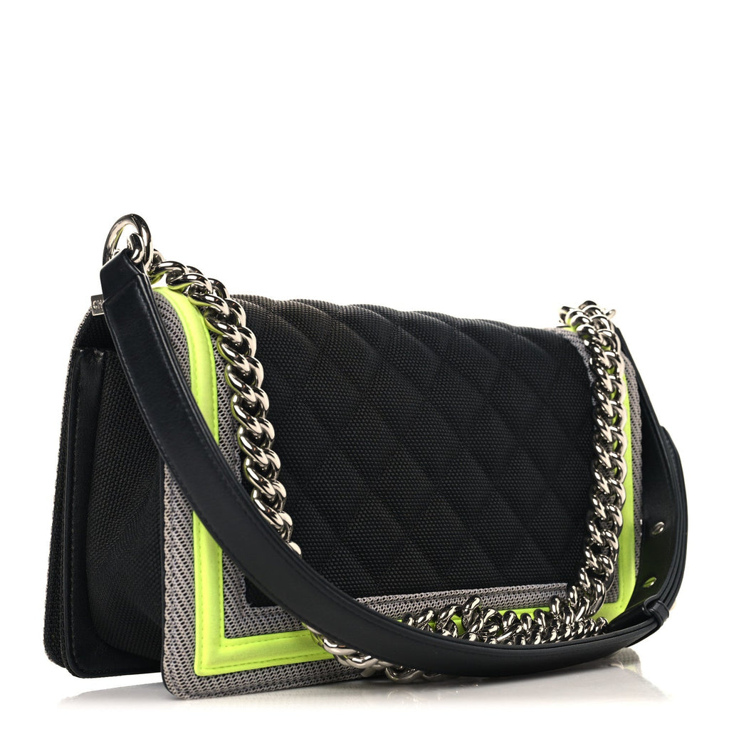 Chanel Canvas Quilted Medium Fluo Boy Flap Black Grey Yellow