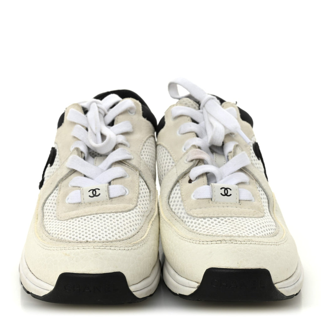 Mesh Suede Grained Calfskin Womens CC Sneakers 37 White Black