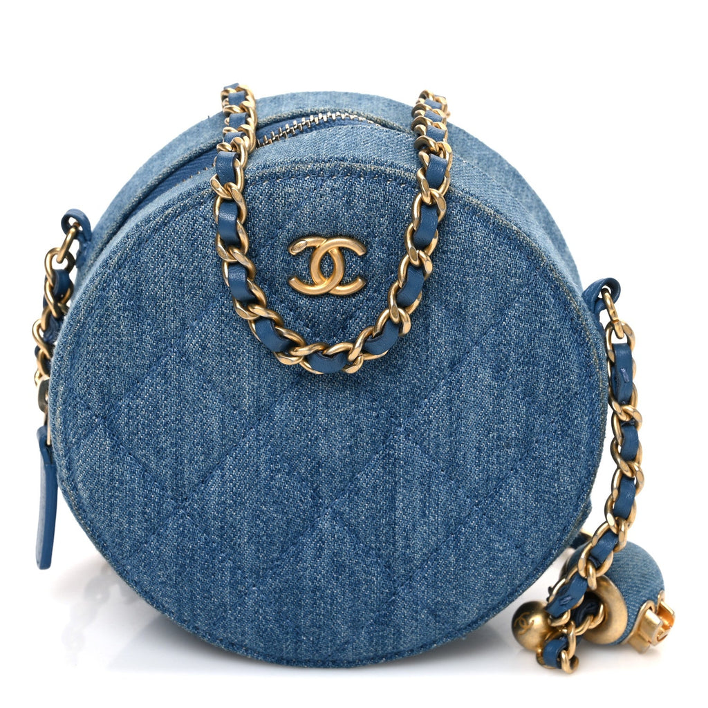 Chanel Denim Quilted Round Pearl Crush Clutch With Chain Blue