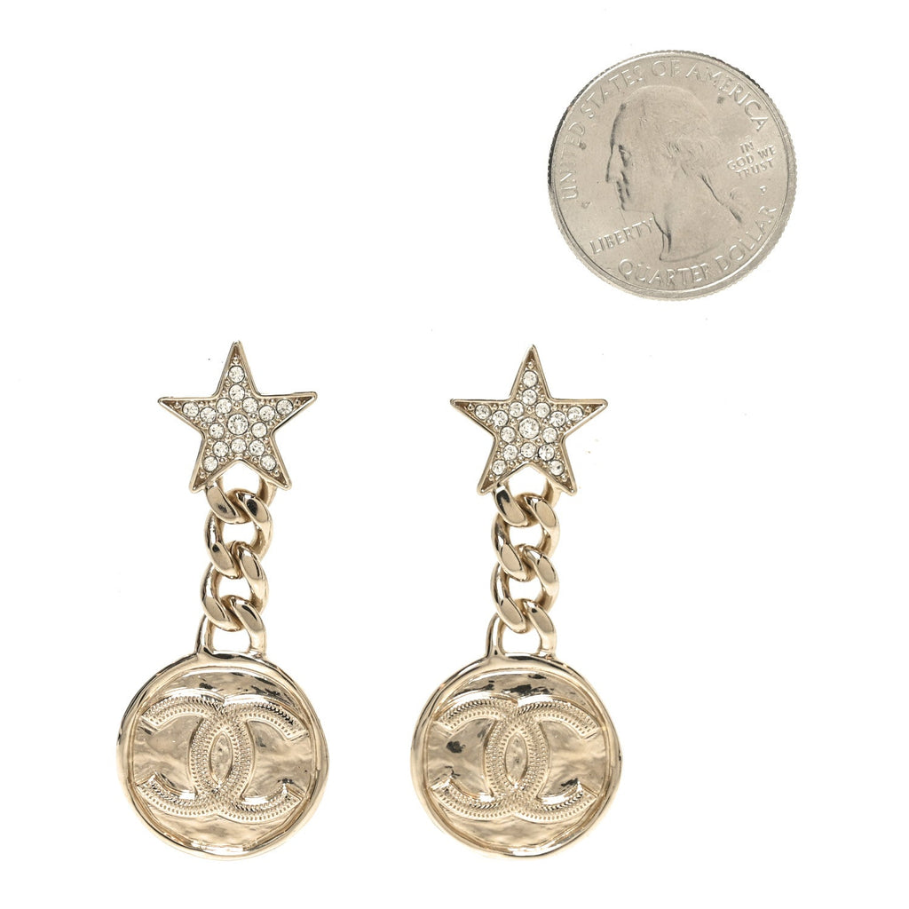Metal Crystal Textured CC Star Drop Earrings Gold