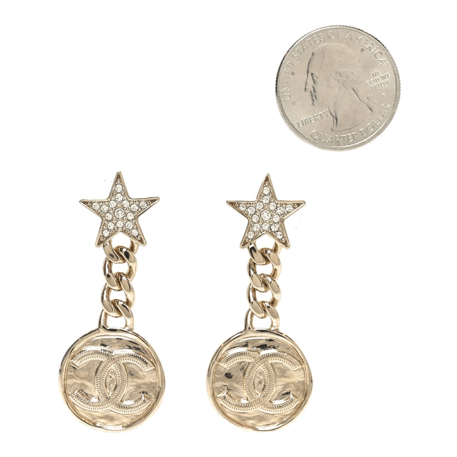 Metal Crystal Textured CC Star Drop Earrings Gold