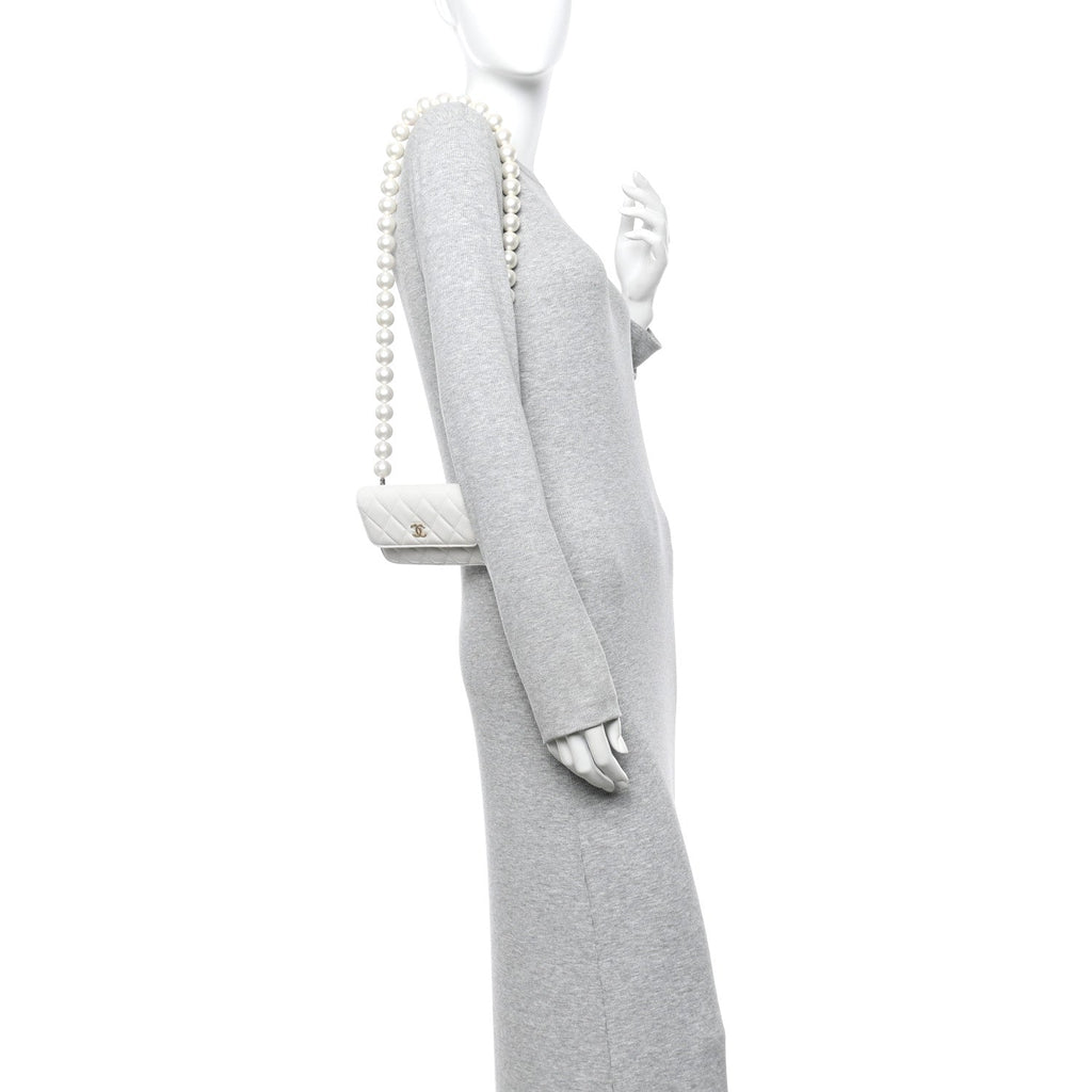 Chanel Calfskin Quilted Mini Maxi Pearls Wallet On Chain WOC White
