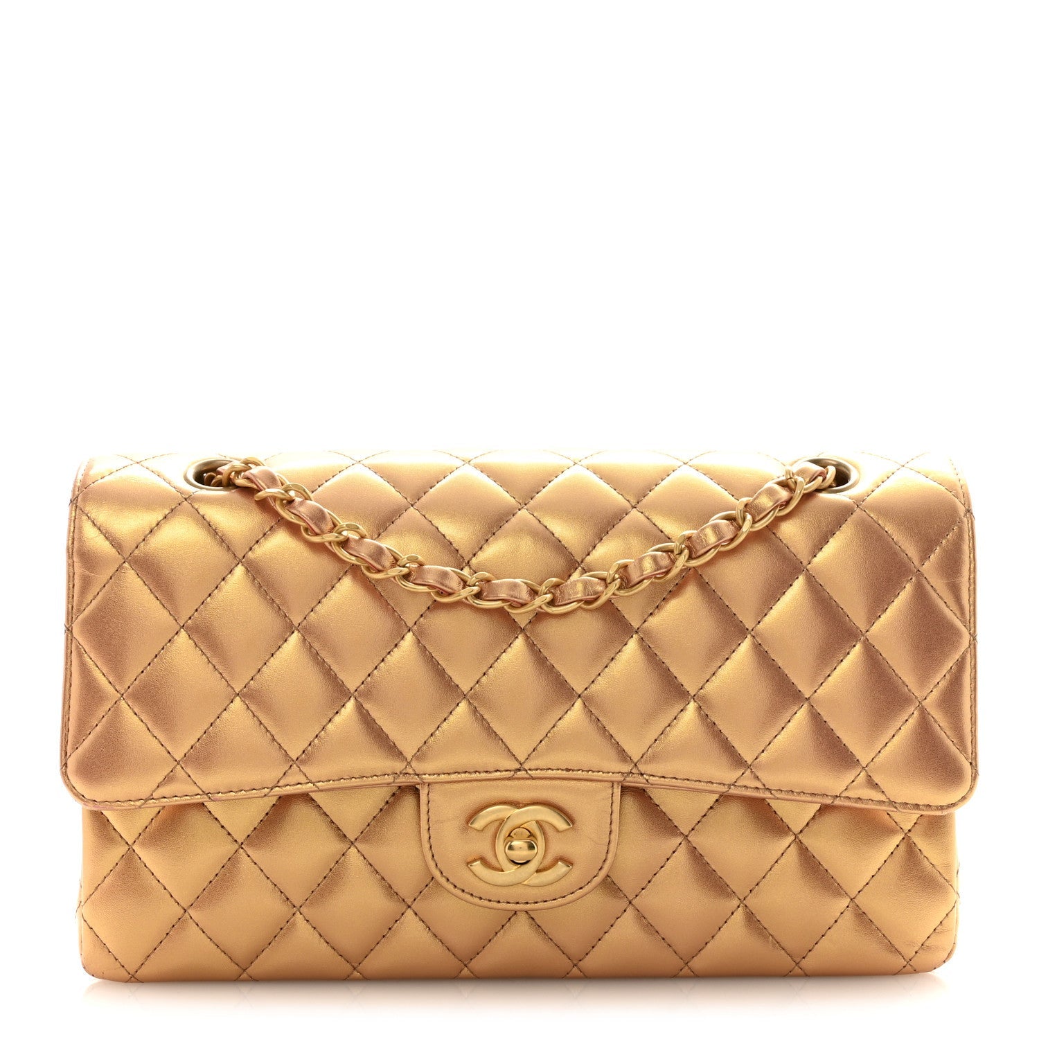 Chanel Metallic Lambskin Quilted Medium Double Flap Golden