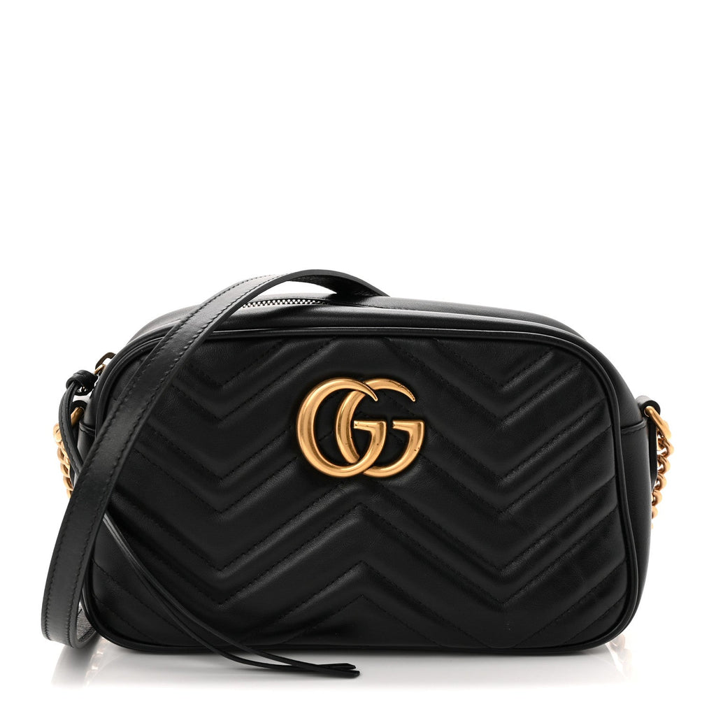 Gucci Calfskin Matelasse Small GG Marmont Chain Shoulder Bag Black