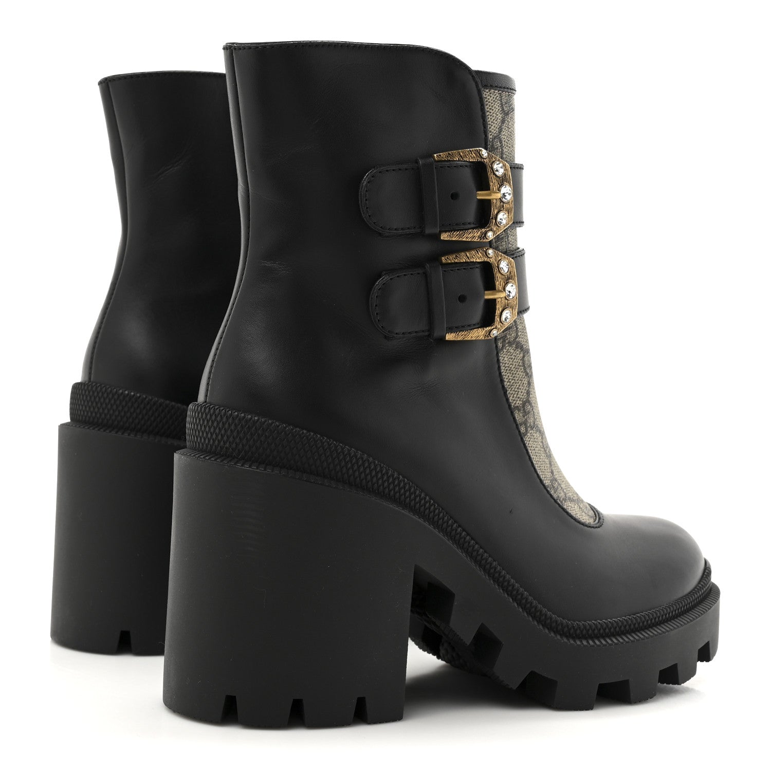 Gucci Kensington Calfskin Nappa GG Supreme Monogram Womens Double Buckle Ankle Boots 35 Black
