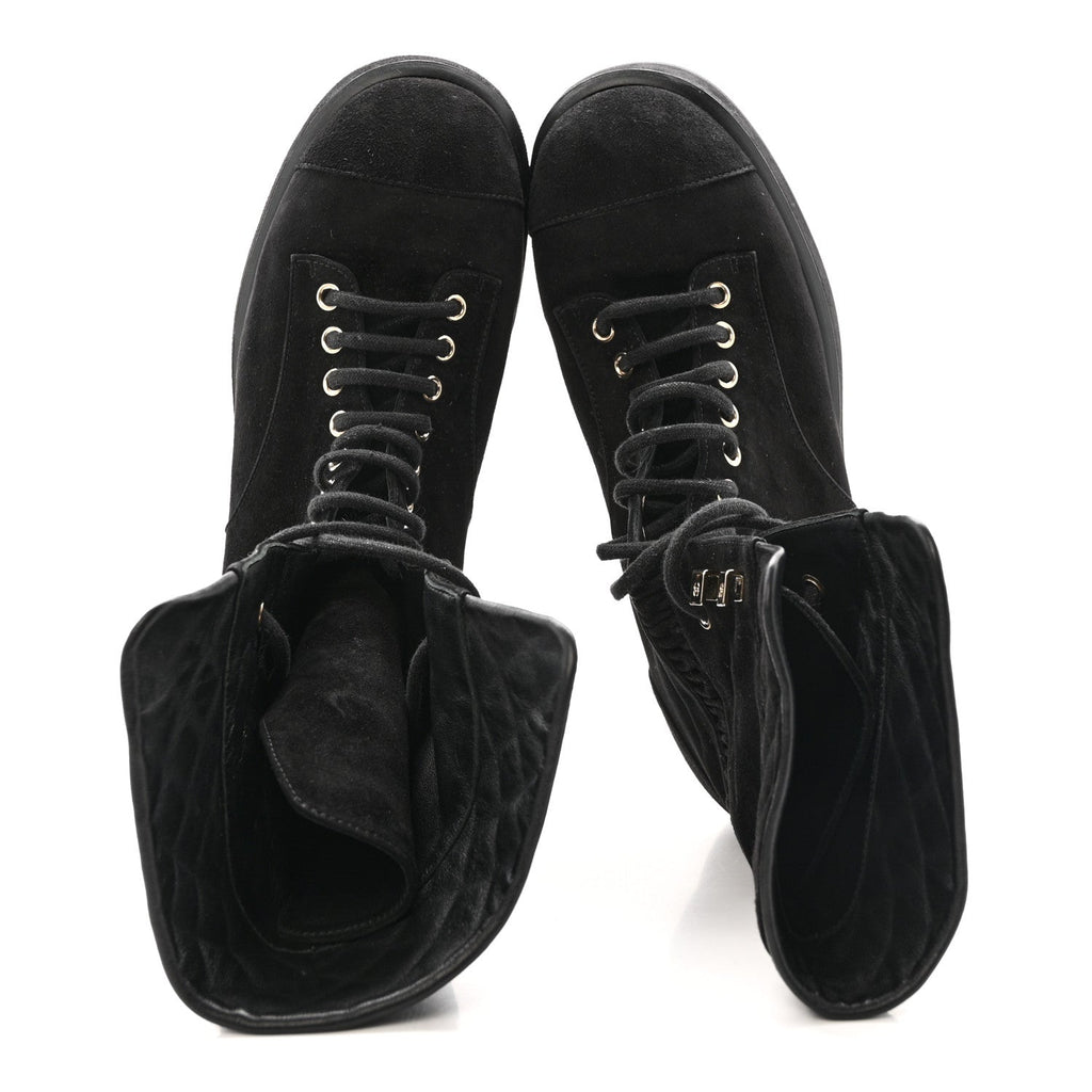 Chanel Suede Quilted Lace Up Combat Boots 38.5 Black