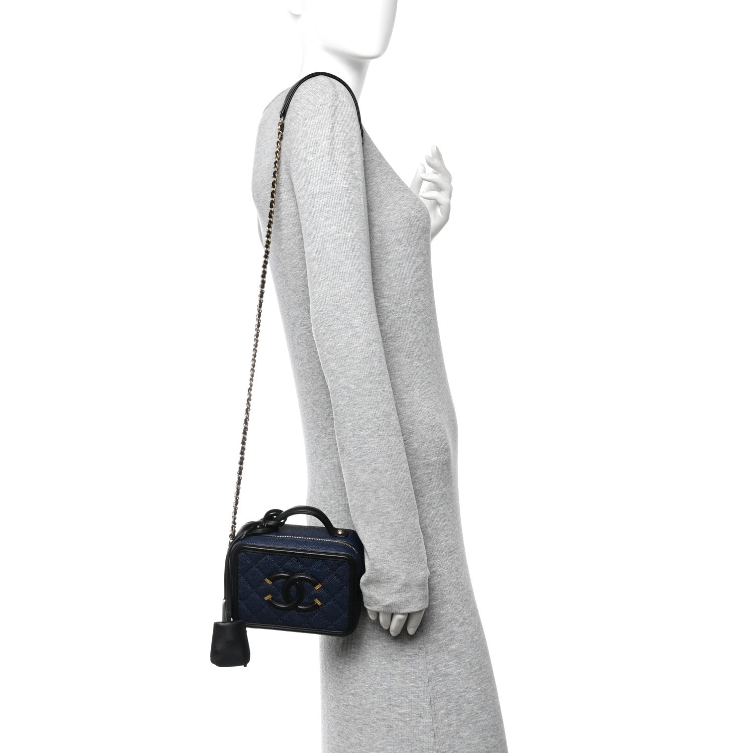 Chanel Caviar Quilted Small CC Filigree Vanity Case Navy Black