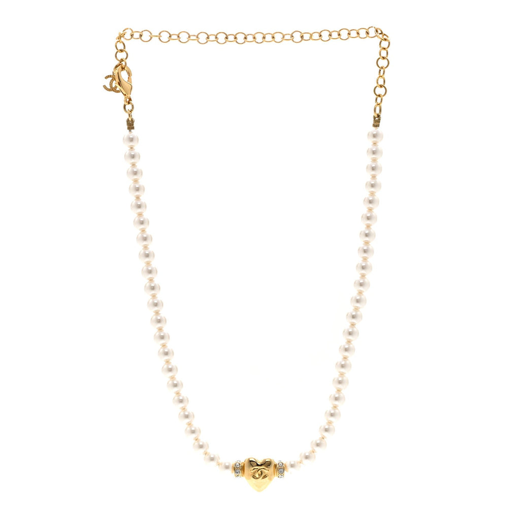 Crystal Pearl CC Heart Choker Necklace Gold