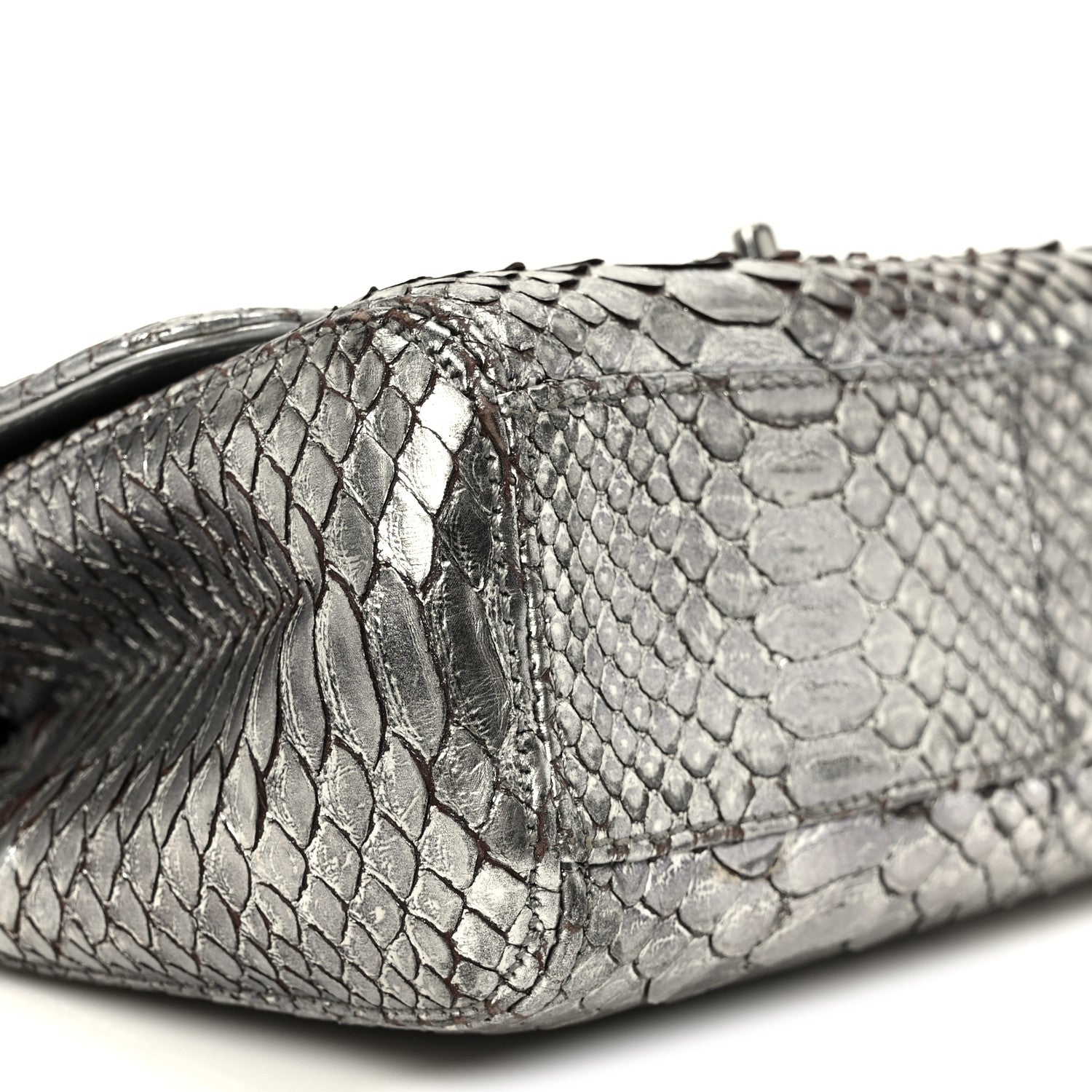 Chanel Metallic Snakeskin Medium Single Flap Silver