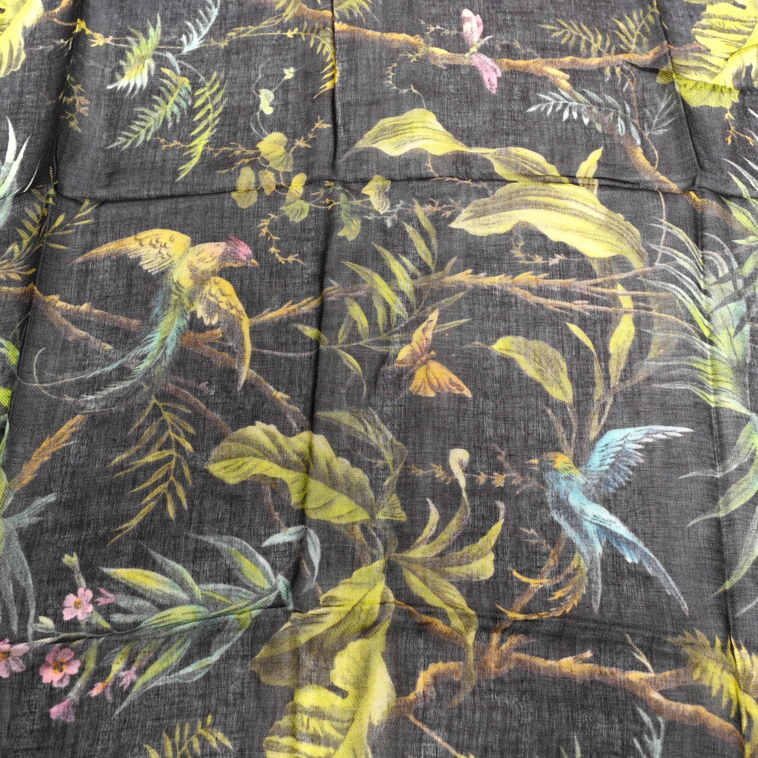 Gucci Modal Wool Tropical Print Shawl Scarf Black Multi
