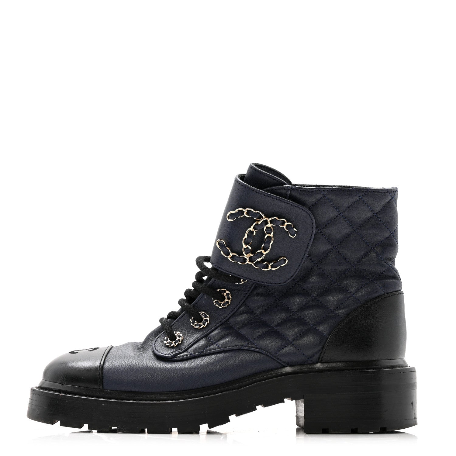 Chanel Shiny Lambskin Quilted Lace Up Combat Boots 36.5 Navy Black