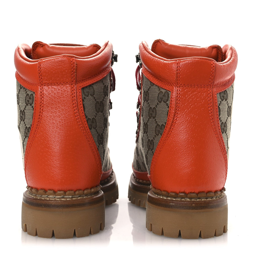 Gucci X THE NORTH FACE Monogram Textured Calfskin Hiking Ankle Boots 37 Beige Ebony Deep Orange