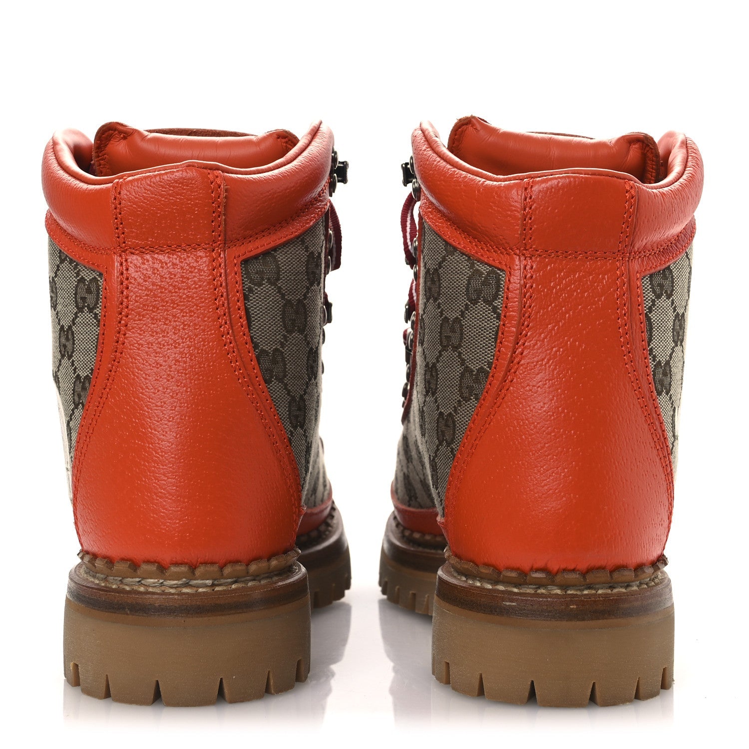 Gucci X THE NORTH FACE Monogram Textured Calfskin Hiking Ankle Boots 37 Beige Ebony Deep Orange