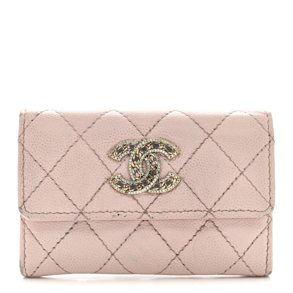 Caviar Quilted Crystal CC Flap Card Holder Pink