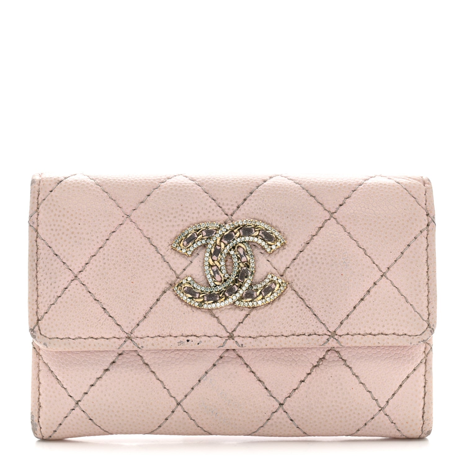 Caviar Quilted Crystal CC Flap Card Holder Pink
