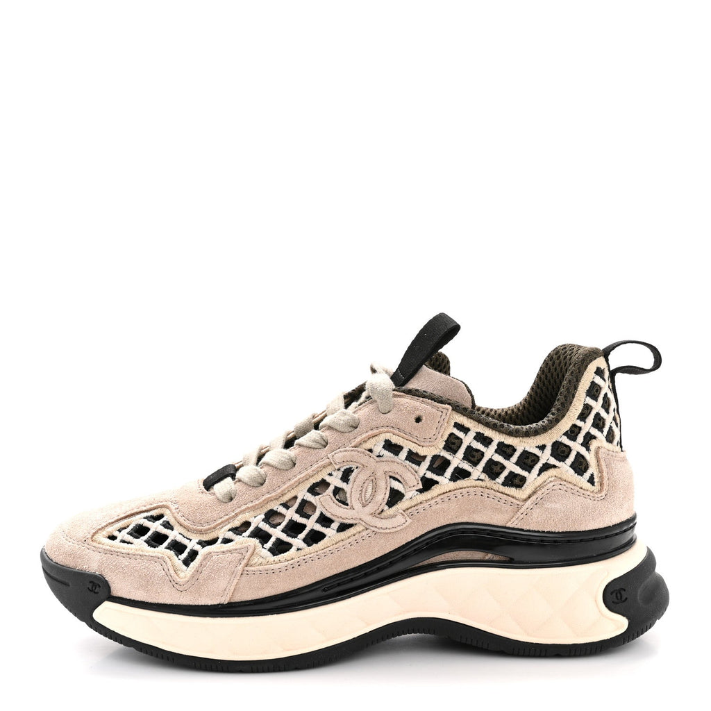 Chanel Suede Calfskin Embroidered CC Sneakers 35.5 Beige Black