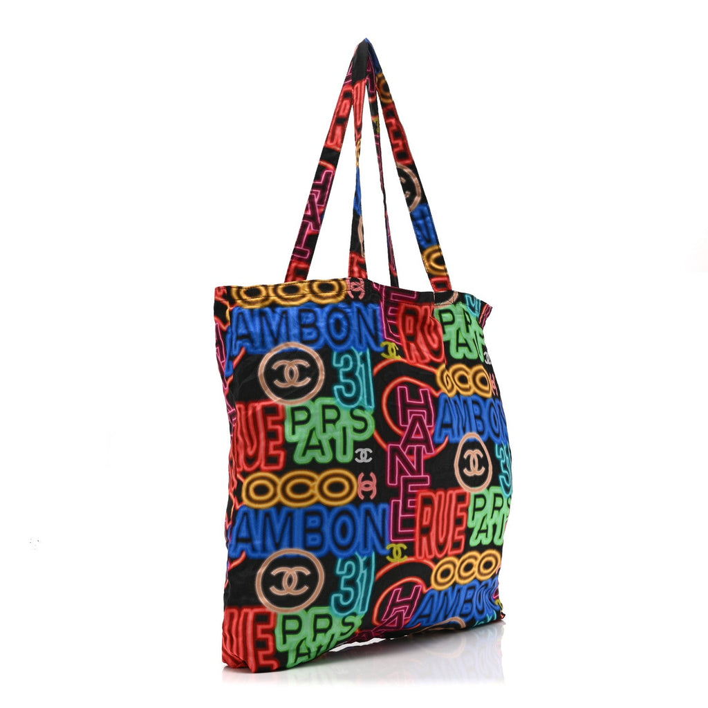 Chanel Caviar Fabric Graffiti Foldable Tote Bag With Chain Black Multicolor