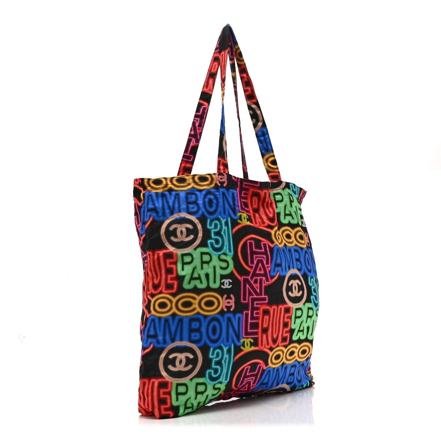 Chanel Caviar Fabric Graffiti Foldable Tote Bag With Chain Black Multicolor
