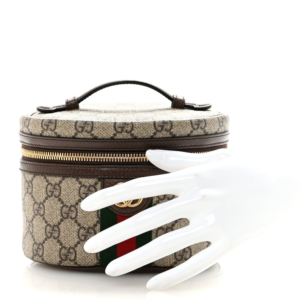 Gucci GG Supreme Monogram Textured Calfskin Web Ophidia Vanity Cosmetic Case Beige Ebony New Acero