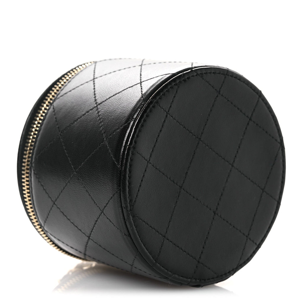Chanel Lambskin Quilted Round Small Vanity Case With Chain Black