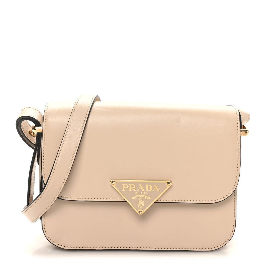 Prada Box Calfskin Triangle Embleme Flap Shoulder Bag Sabbia