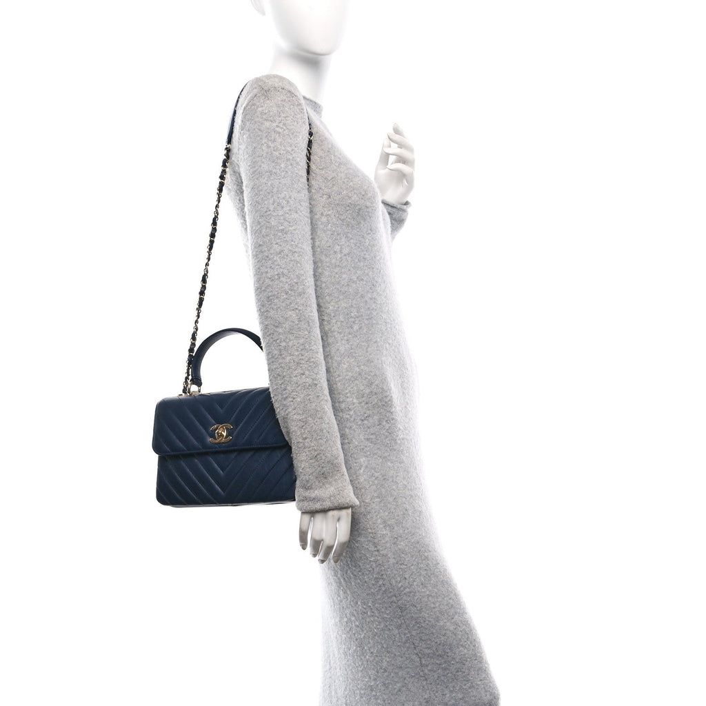 Chanel Lambskin Chevron Quilted Small Trendy CC Flap Dual Handle Bag Navy