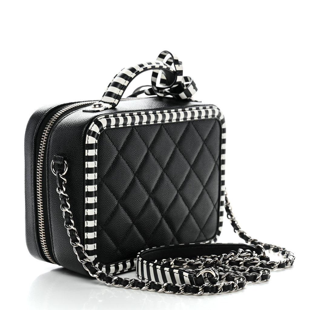 Chanel Caviar Quilted Striped Small CC Filigree Vanity Case Black White