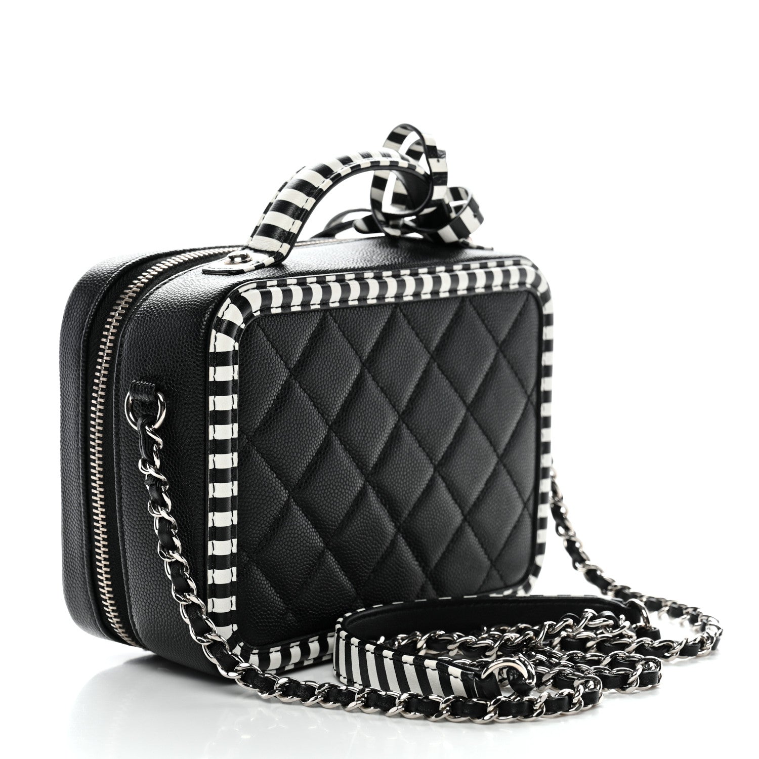 Chanel Caviar Quilted Striped Small CC Filigree Vanity Case Black White