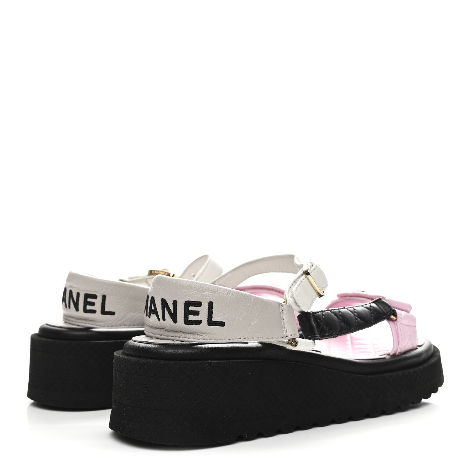 Lambskin Quilted CC Logo Platform Sandals 38 Black White Pink