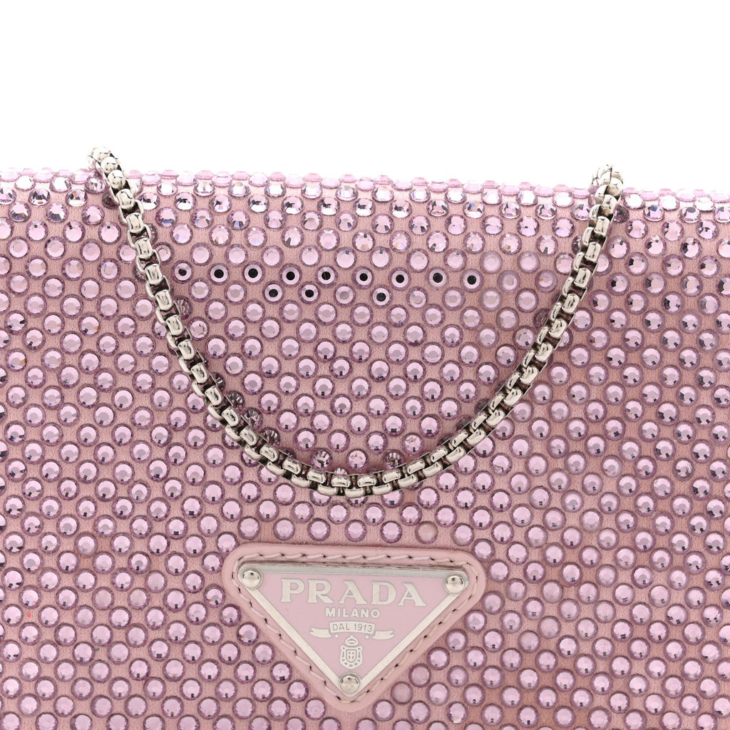Prada Satin Crystal Metal Triangle Logo Card Holder With Strap Alabastro