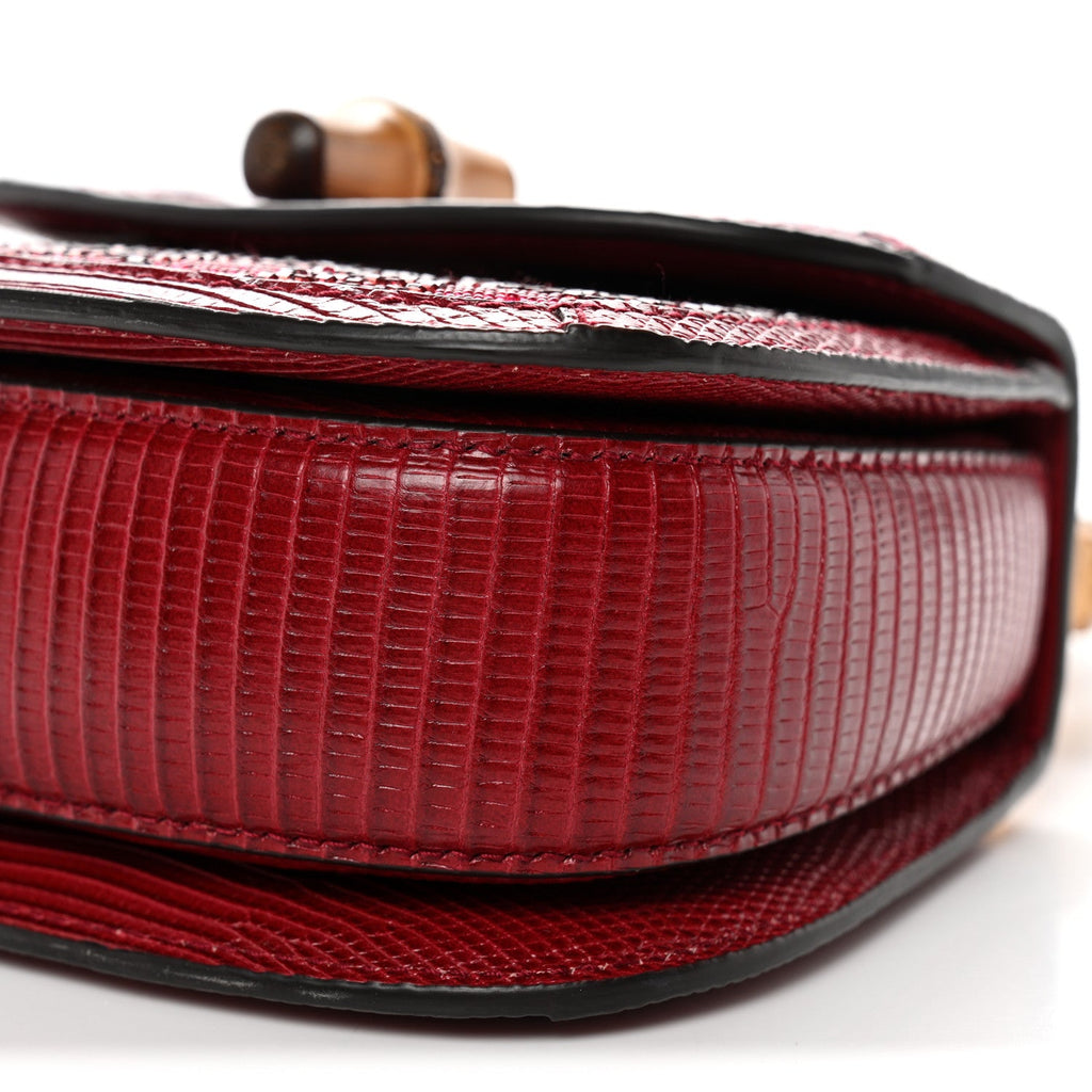 Gucci Moire Fabric Calfskin Rhinestone Monogram Monochrome Lizard Embossed Mini Bamboo 1947 Top Handle Chain Bag Red