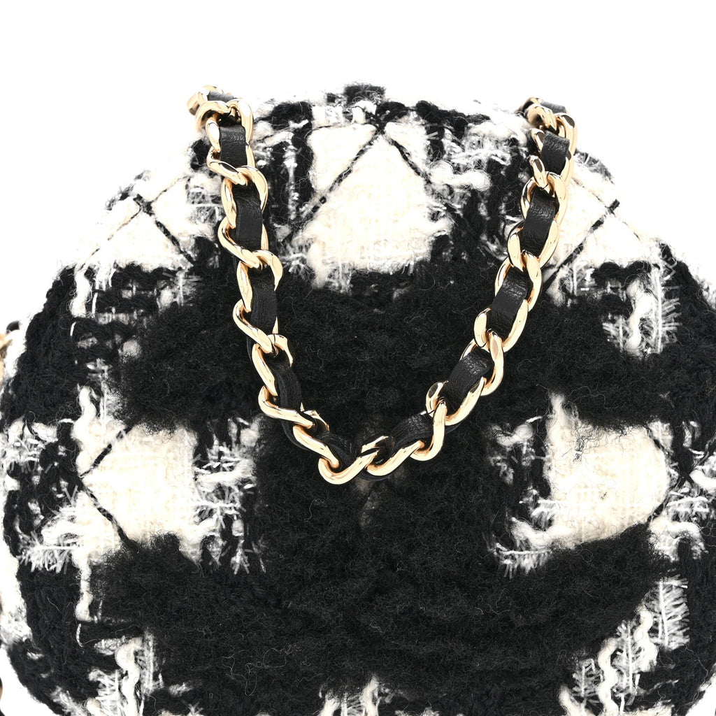 Chanel Wool Tweed Lambskin Quilted Round Clutch With Chain and Coin Purse Black White