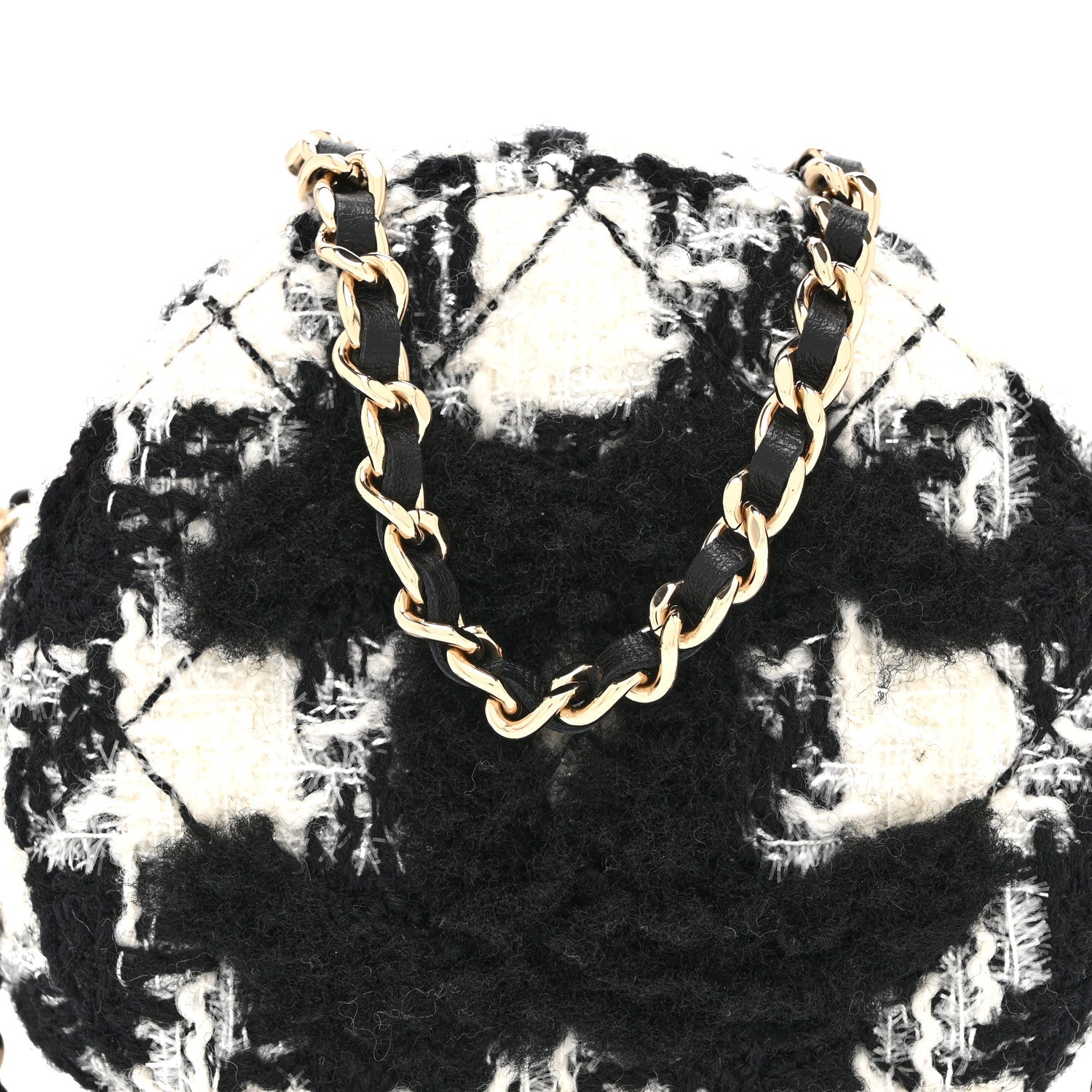 Chanel Wool Tweed Lambskin Quilted Round Clutch With Chain and Coin Purse Black White