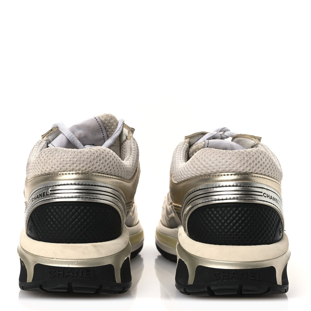 Fabric Laminated Calfskin Stretch CC Sneakers 37 White Gold Silver