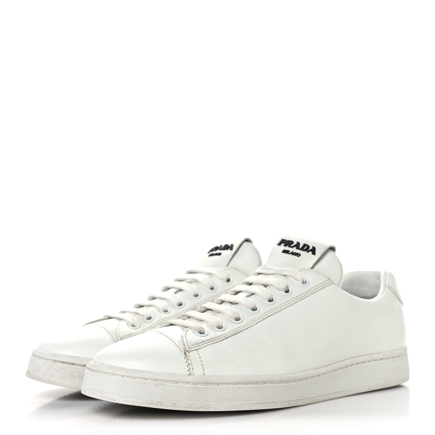 Prada Vitello Mens Logo Low Top Sneakers 43 White