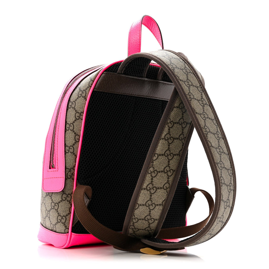Gucci GG Supreme Monogram Textured Dollar Calfskin Web Small Ophidia Day Backpack Beige Ebony Fluorescent Fuchsia