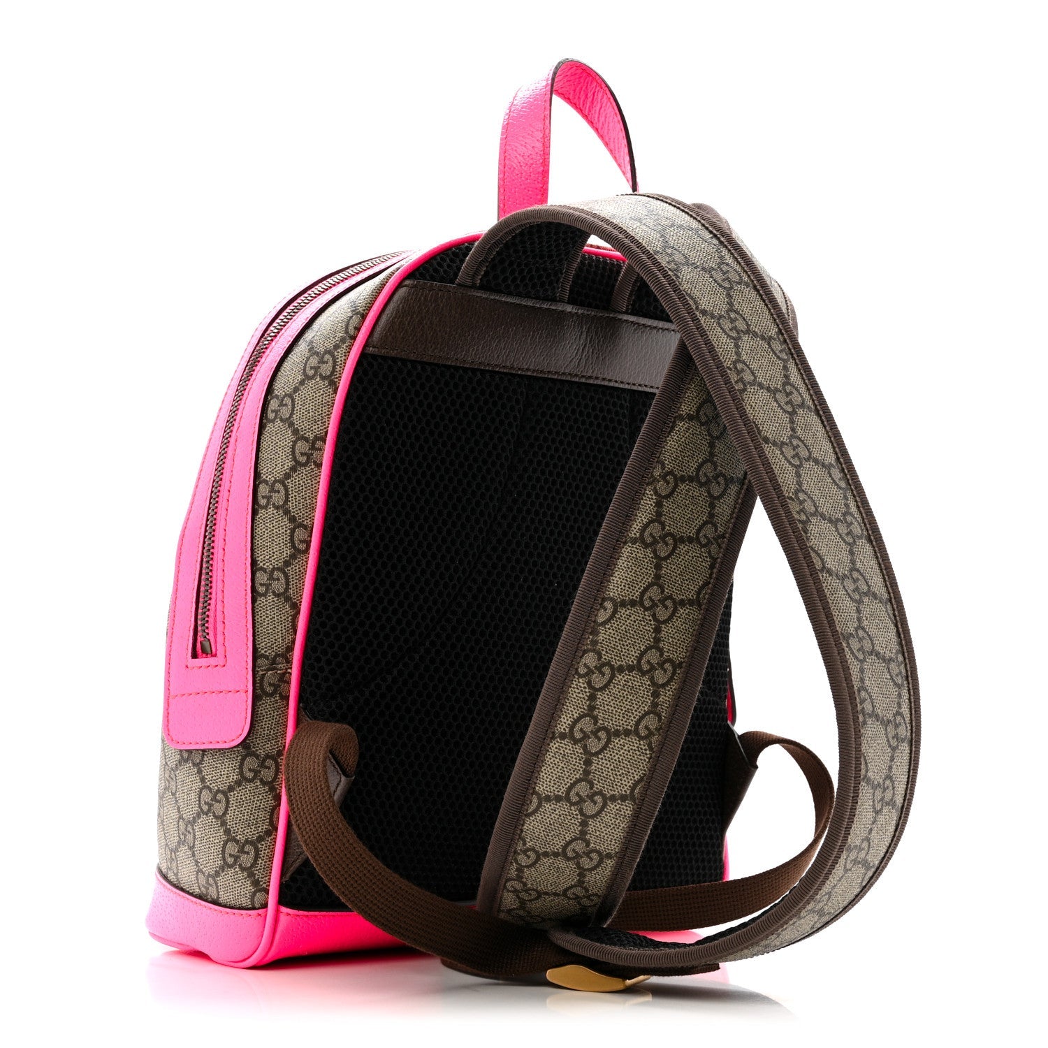 Gucci GG Supreme Monogram Textured Dollar Calfskin Web Small Ophidia Day Backpack Beige Ebony Fluorescent Fuchsia