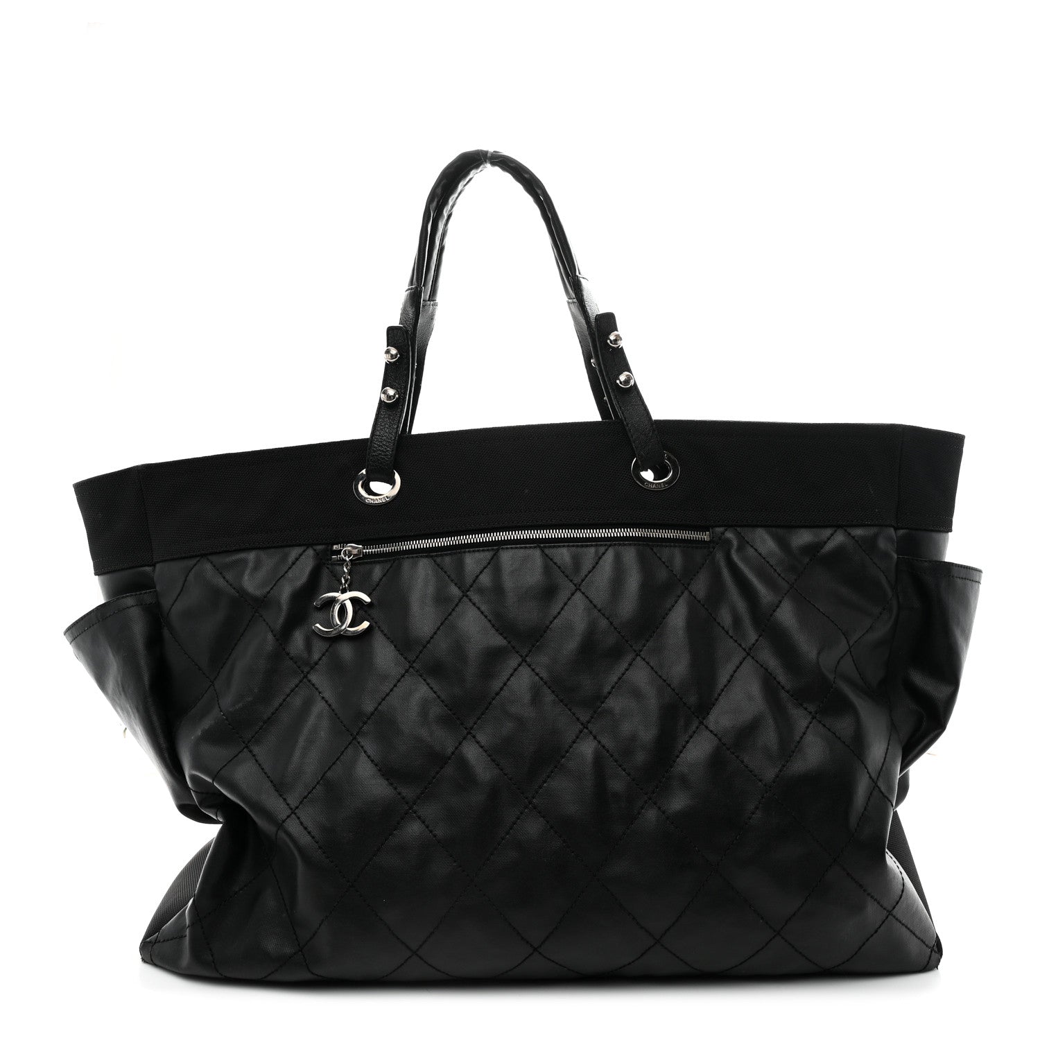 Chanel Coated Canvas Stitched XL Paris Biarritz Tote Black