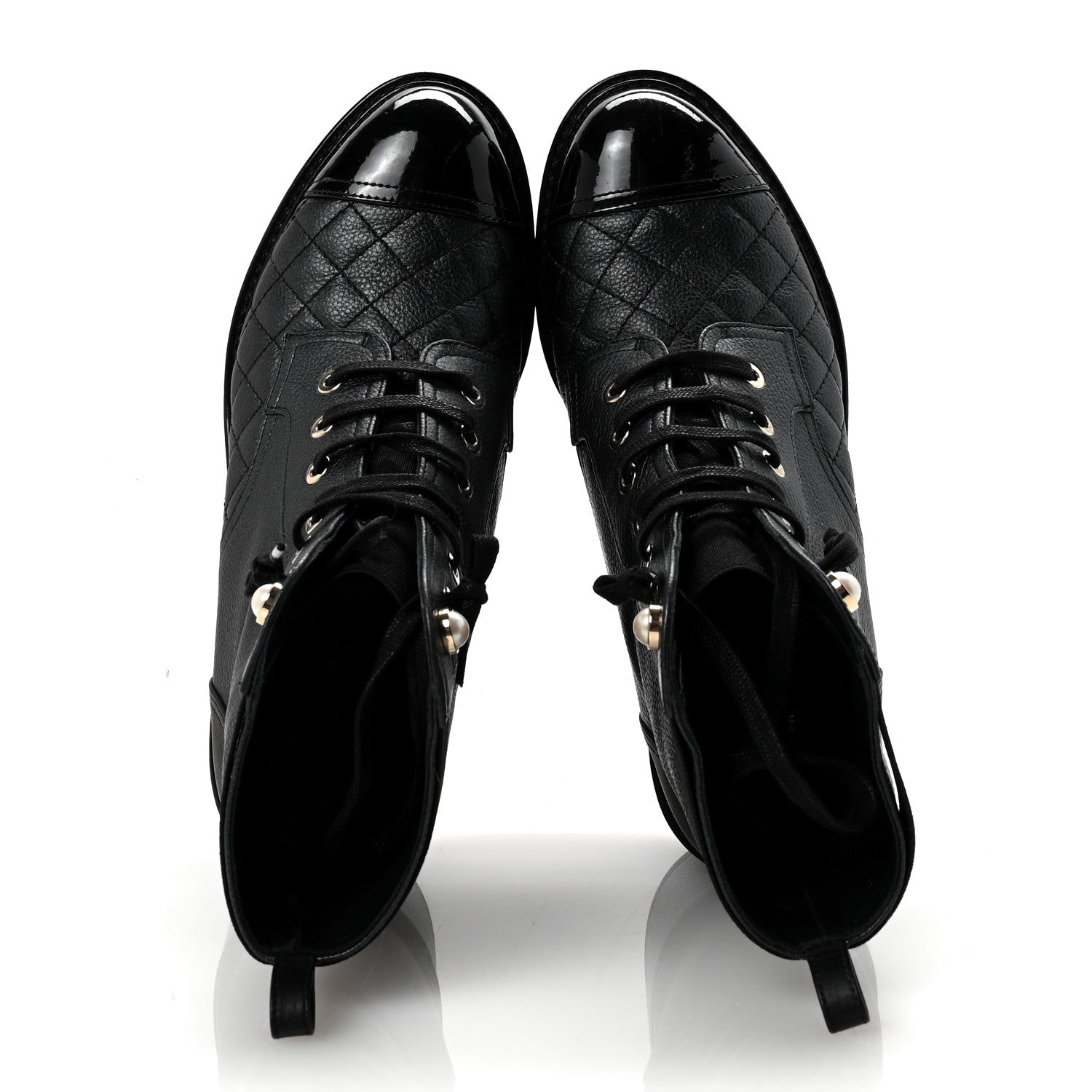 Pearly Calfskin Patent Calfskin Lace Up Combat Boots 37 Black