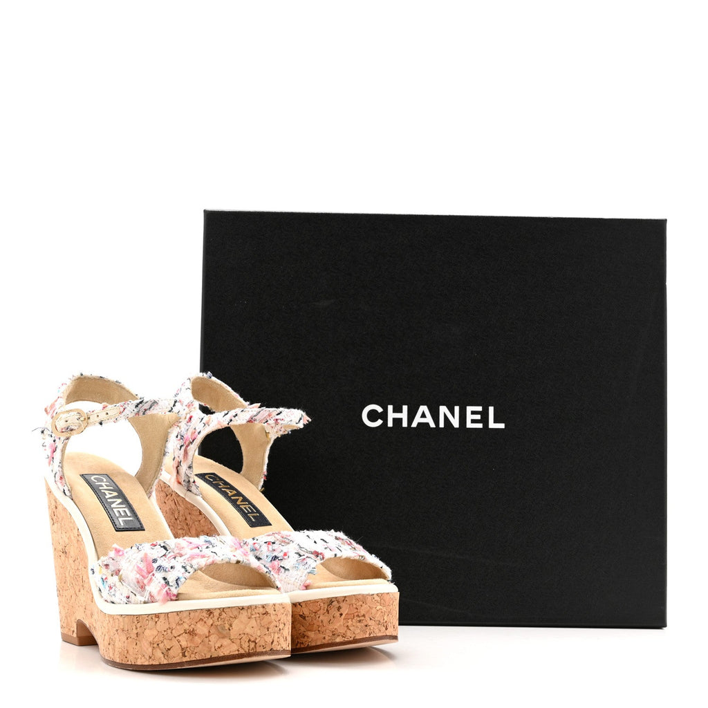 Chanel Tweed Cork CC Wedge Sandals 37 Ecru Pink Blue Green