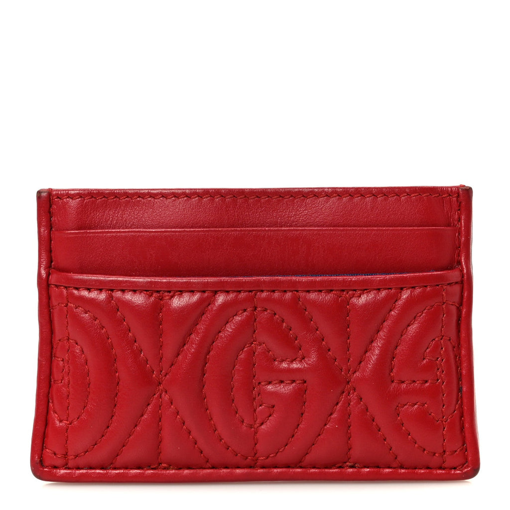 Gucci Calfskin G Rhombus Quilted Card Holder Hibiscus Red