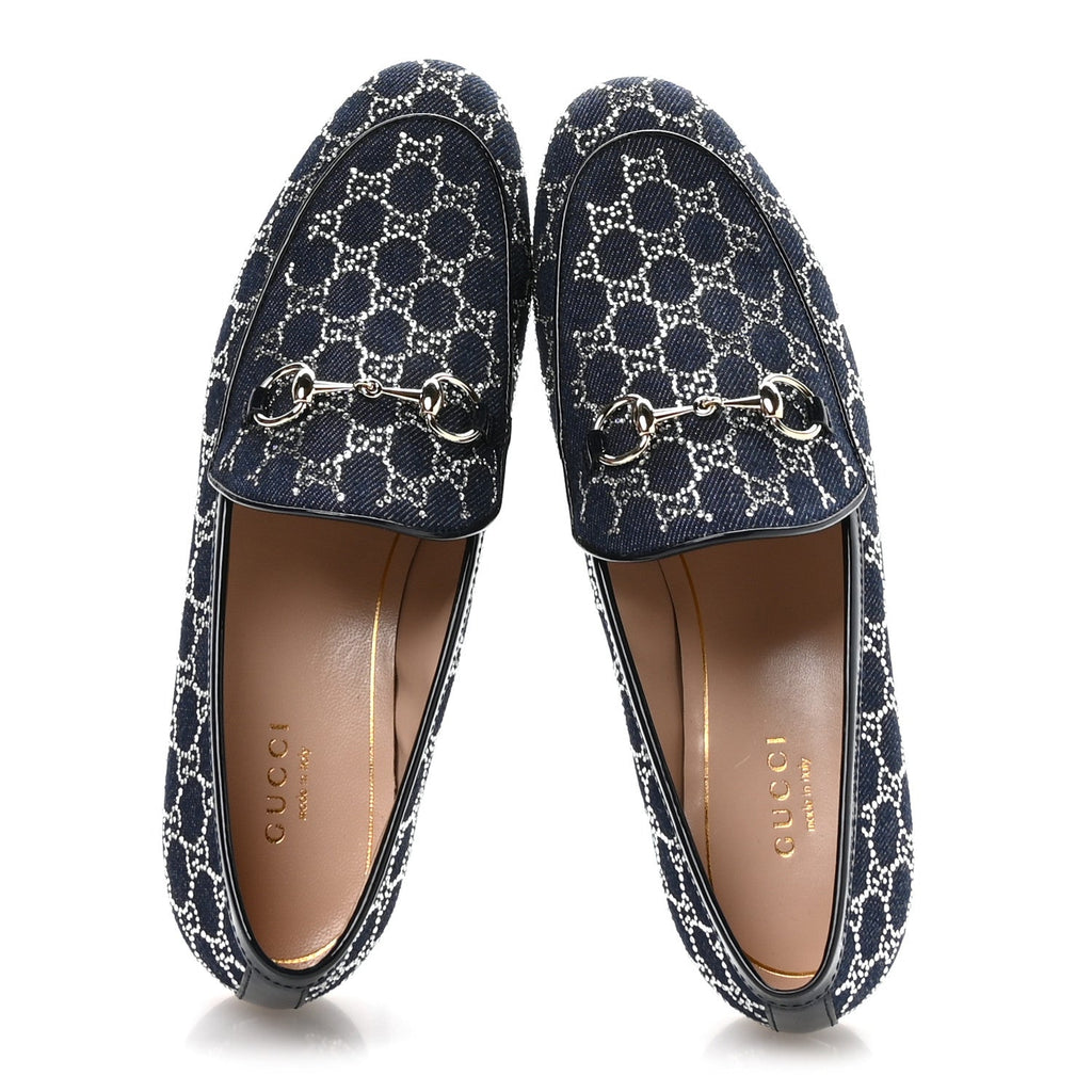 Gucci Denim Crystal GG Monogram Horsebit Womens Jordaan Loafers 37 Deep Blue Blue Milad