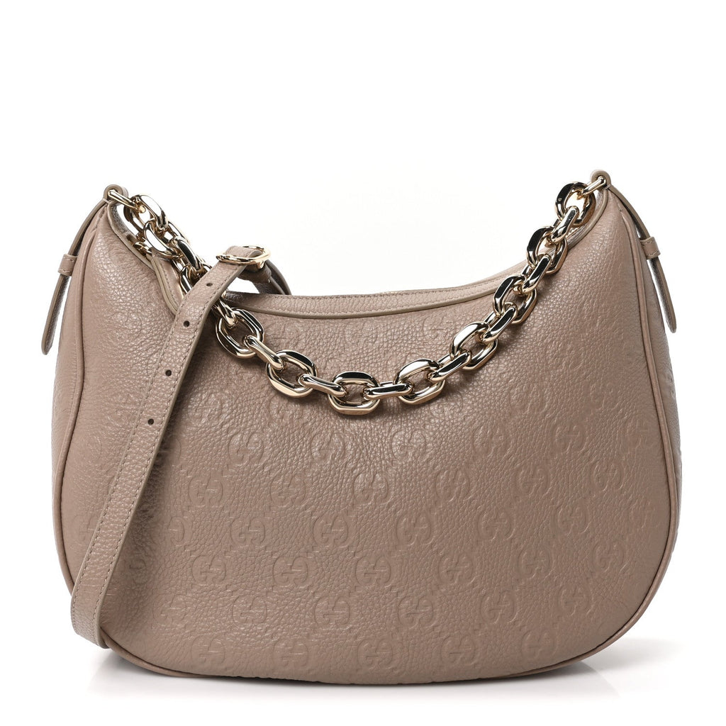 Gucci GG Grainy Calfskin Emblem Large Half Moon Shoulder Bag Taupe