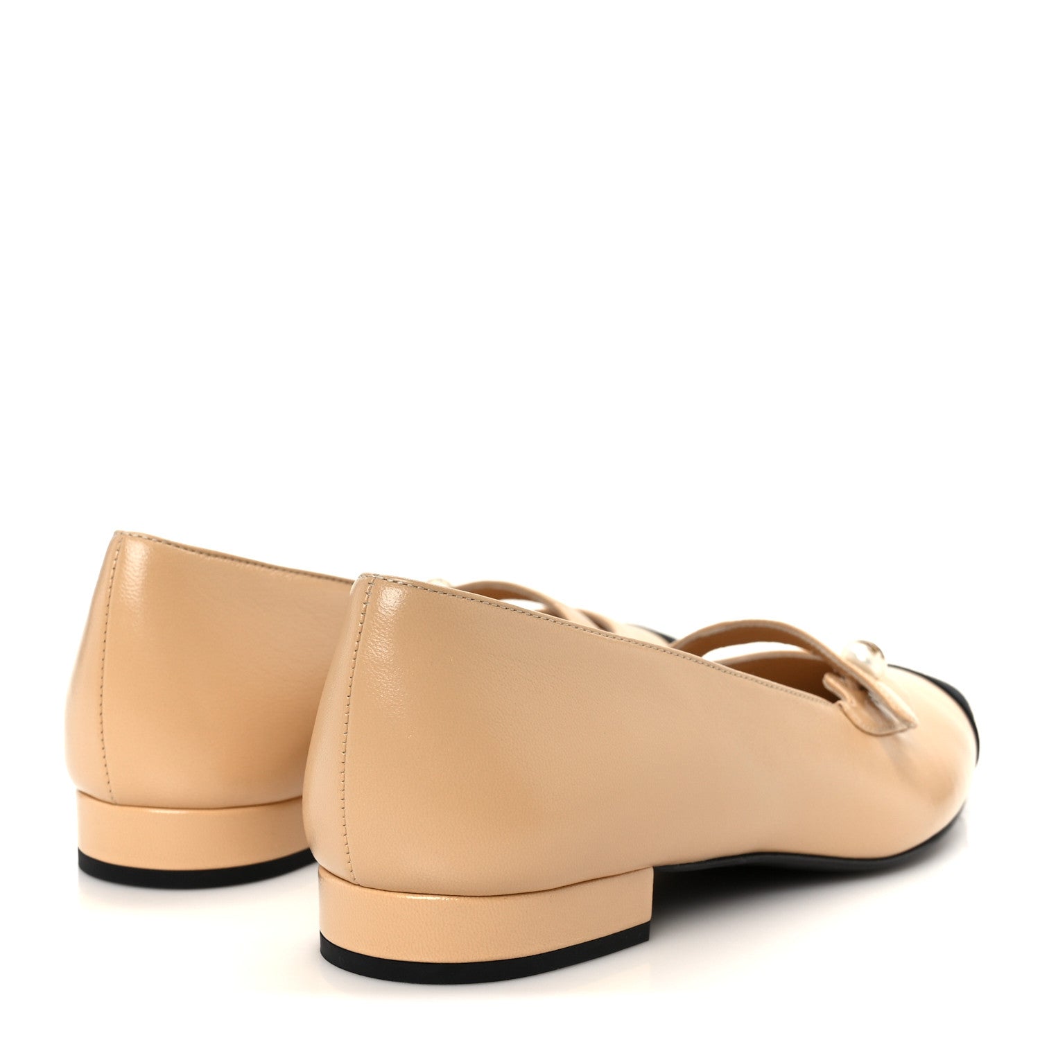 Chanel Shiny Lambskin Grosgrain Pointed Toe CC Ballet Flats 37.5 Beige Black