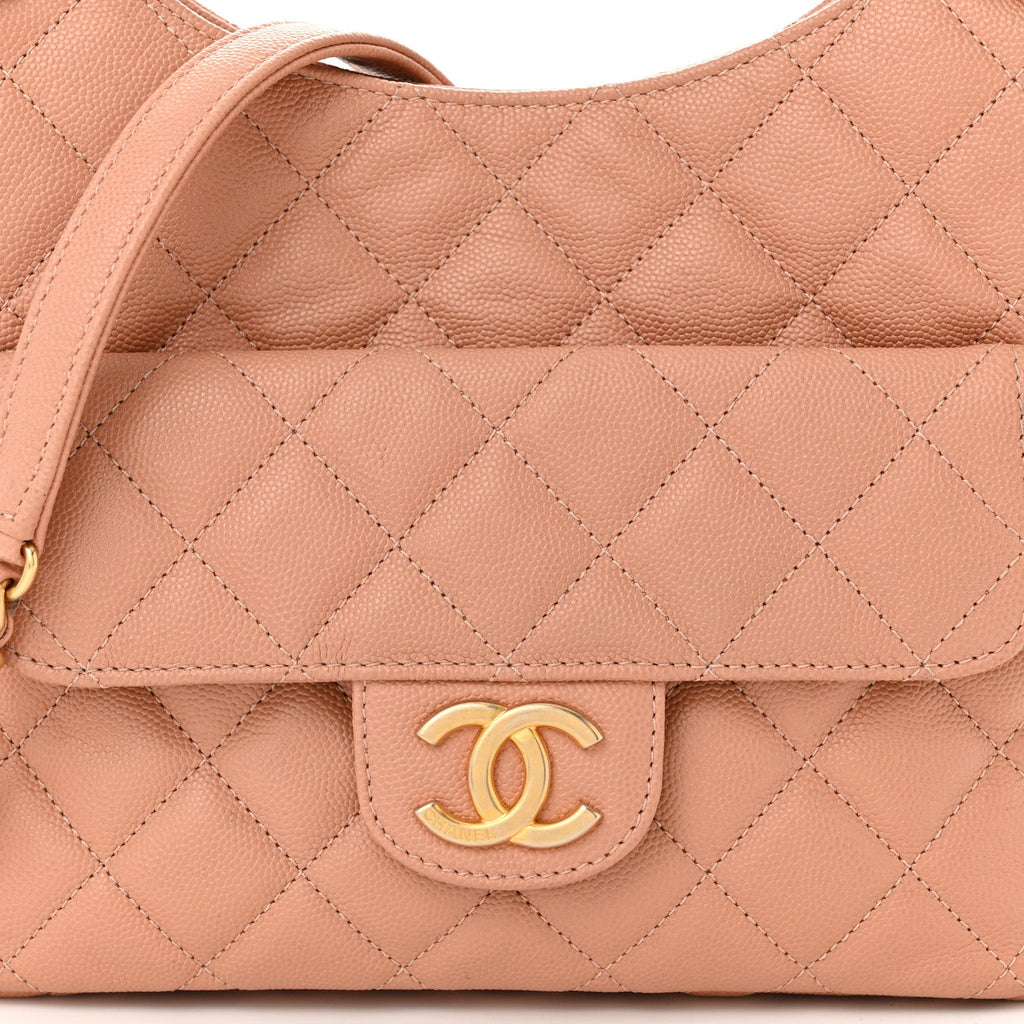 Chanel Caviar Quilted Wavy CC Hobo Beige
