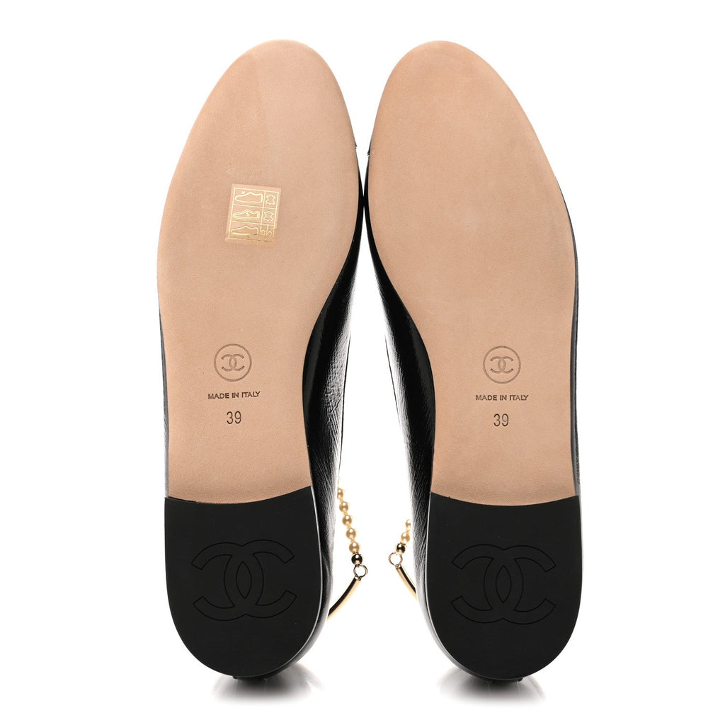 Chanel Shiny Lambskin Pearl Cap Toe Ankle Chain Ballerina Flats 39 Black