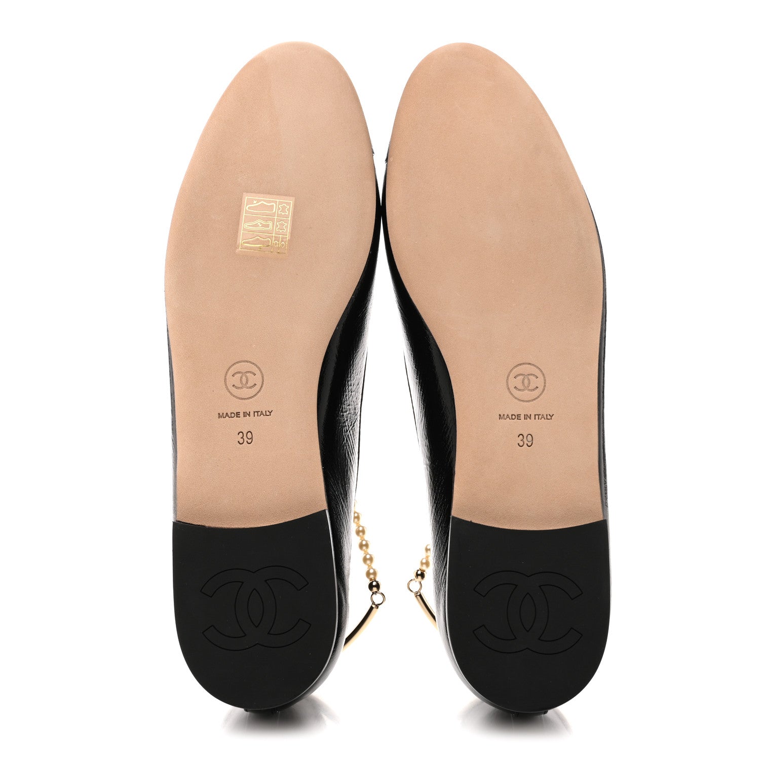 Chanel Shiny Lambskin Pearl Cap Toe Ankle Chain Ballerina Flats 39 Black