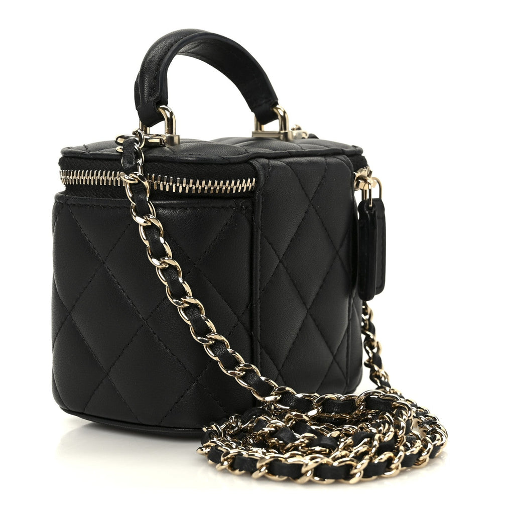 Chanel Lambskin Quilted Top Handle Mini Vanity Case With Chain Black