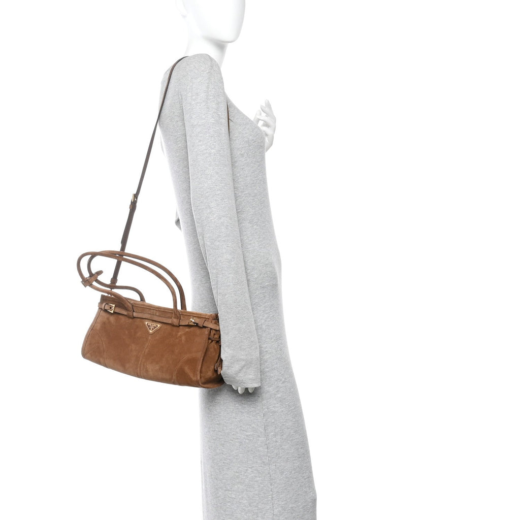 Prada Suede Triangle Medium Bonnie Shoulder Bag Cacao